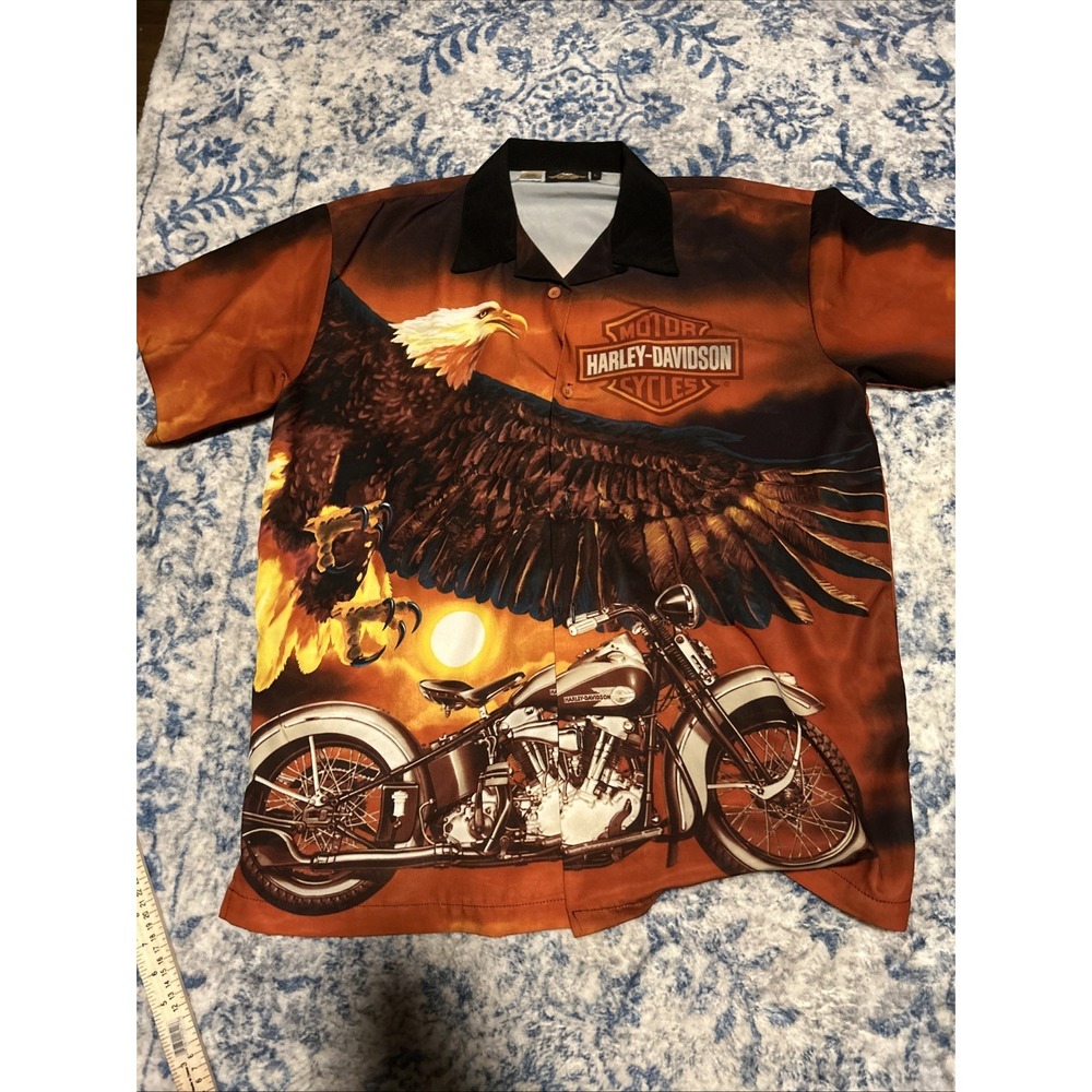 Harley Davidson Shirt Men Large Orange Flames SCREAMIN EAGLE All Over Print